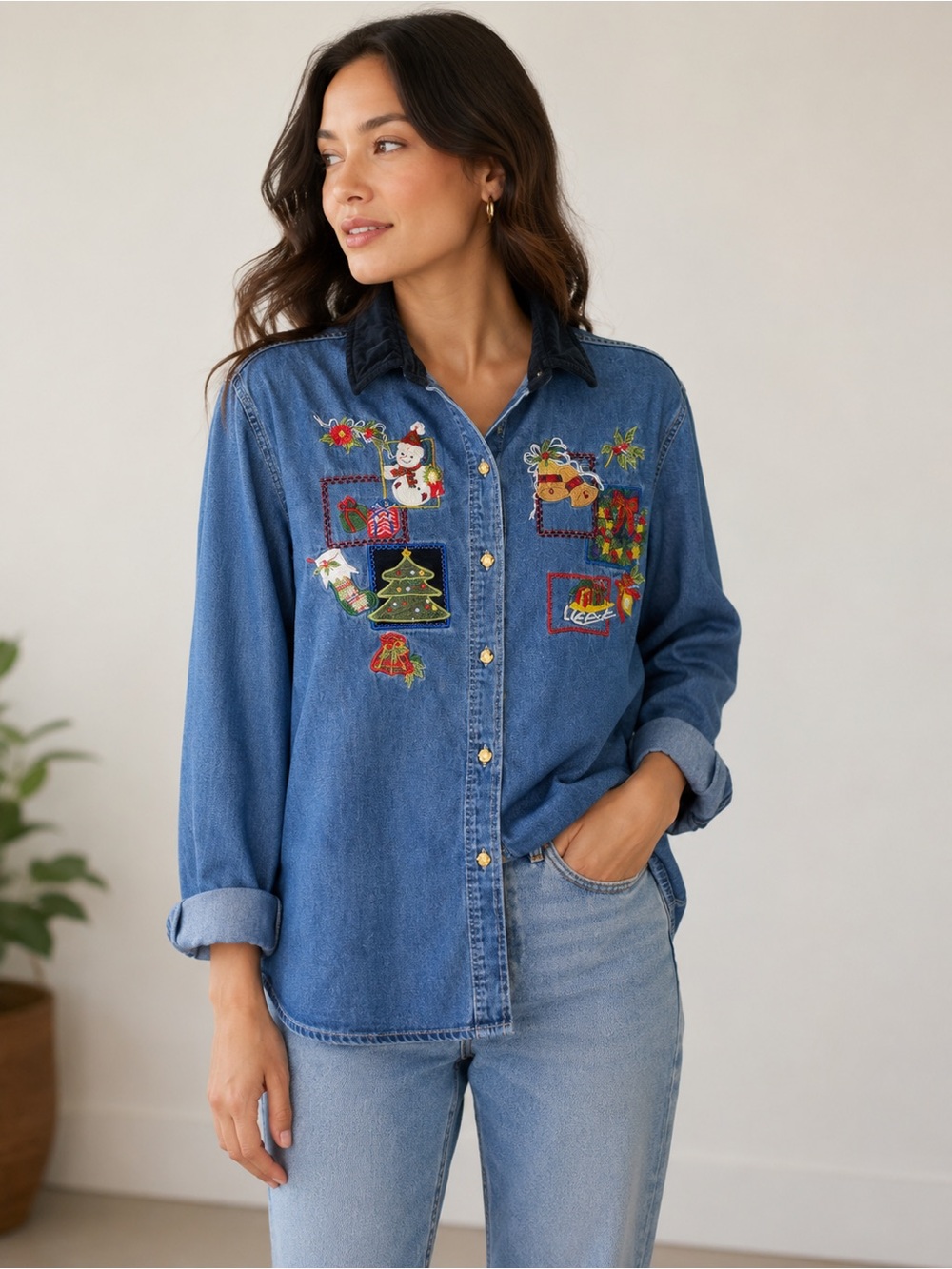 Bobbie Brooks velvet collar Light Blue Denim Shirt XL